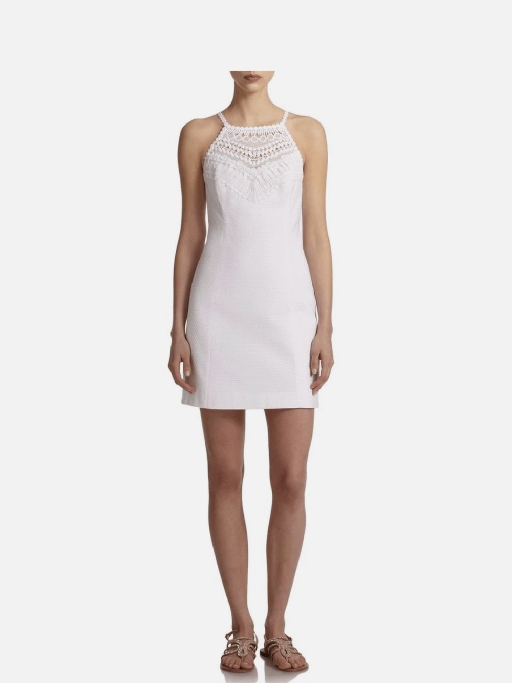 Lilly Pulitzer Pearl Lace Neckline White Halter Shift Mini Dress Size 6